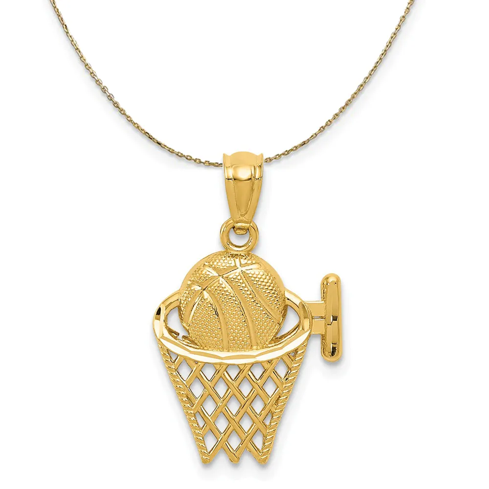 14k Gold Faceted Basketball and Hoop Necklace