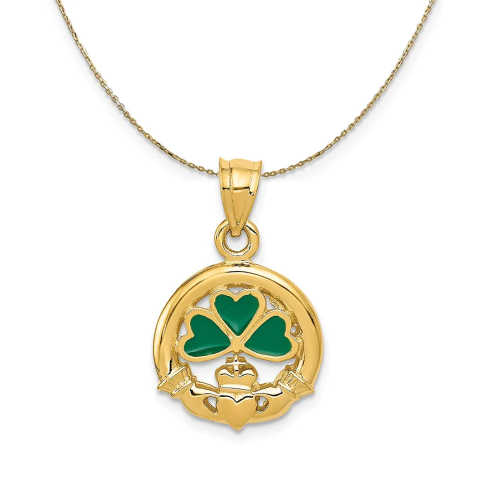 Green Enamel Clover & Claddagh Necklace in 14k Yellow Gold