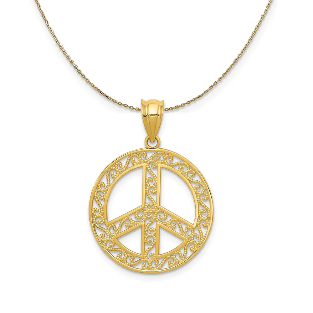 Filigree Peace Sign Necklace in 14k Yellow Gold (19mm)