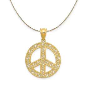 Filigree Peace Sign Necklace in 14k Yellow Gold (19mm)