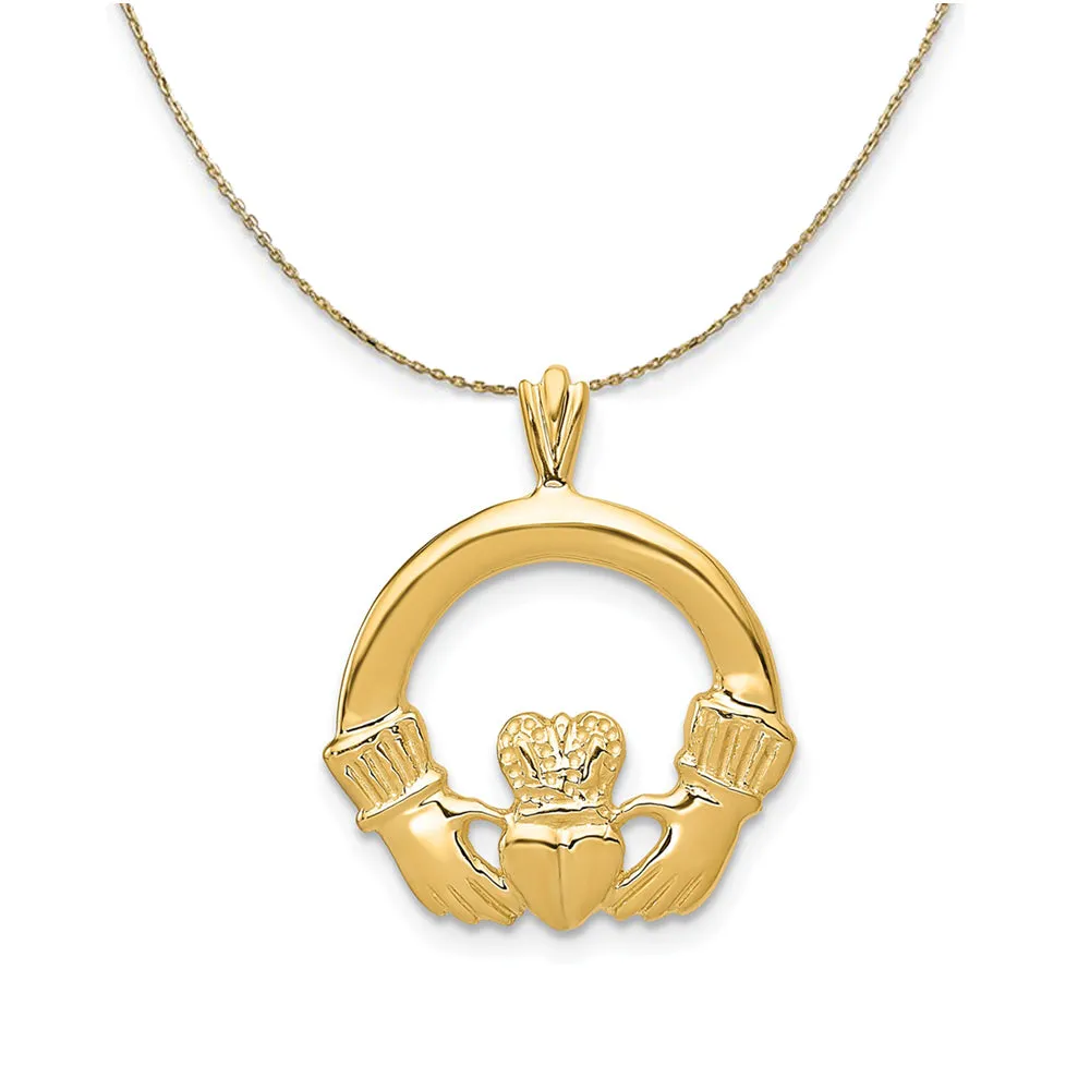 Solid Polished Claddagh Necklace in 14k Yellow Gold