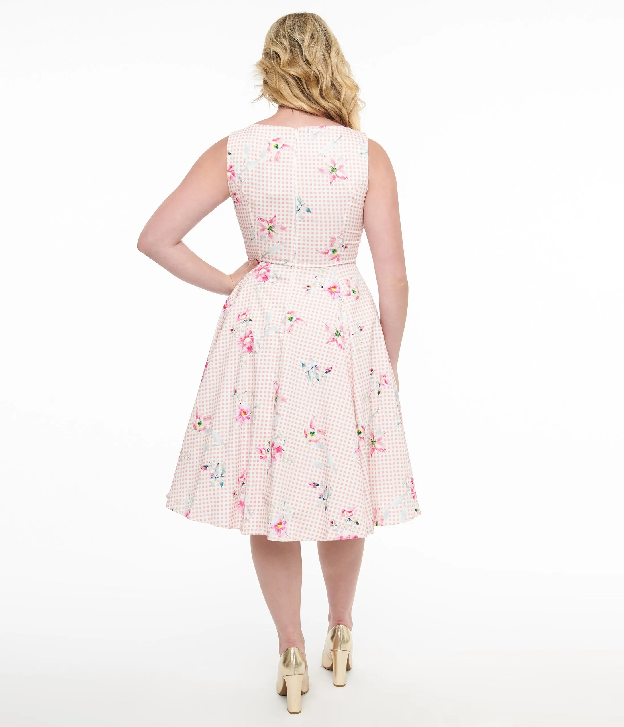 Vintage Pink Gingham and Floral Cotton Swing Dress