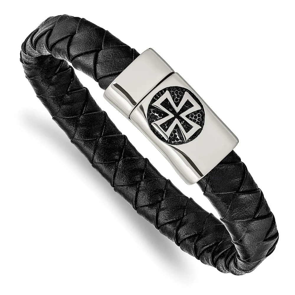 8.5 Inch Braided Black Leather & Stainless Steel Maltese Cross Bracelet;