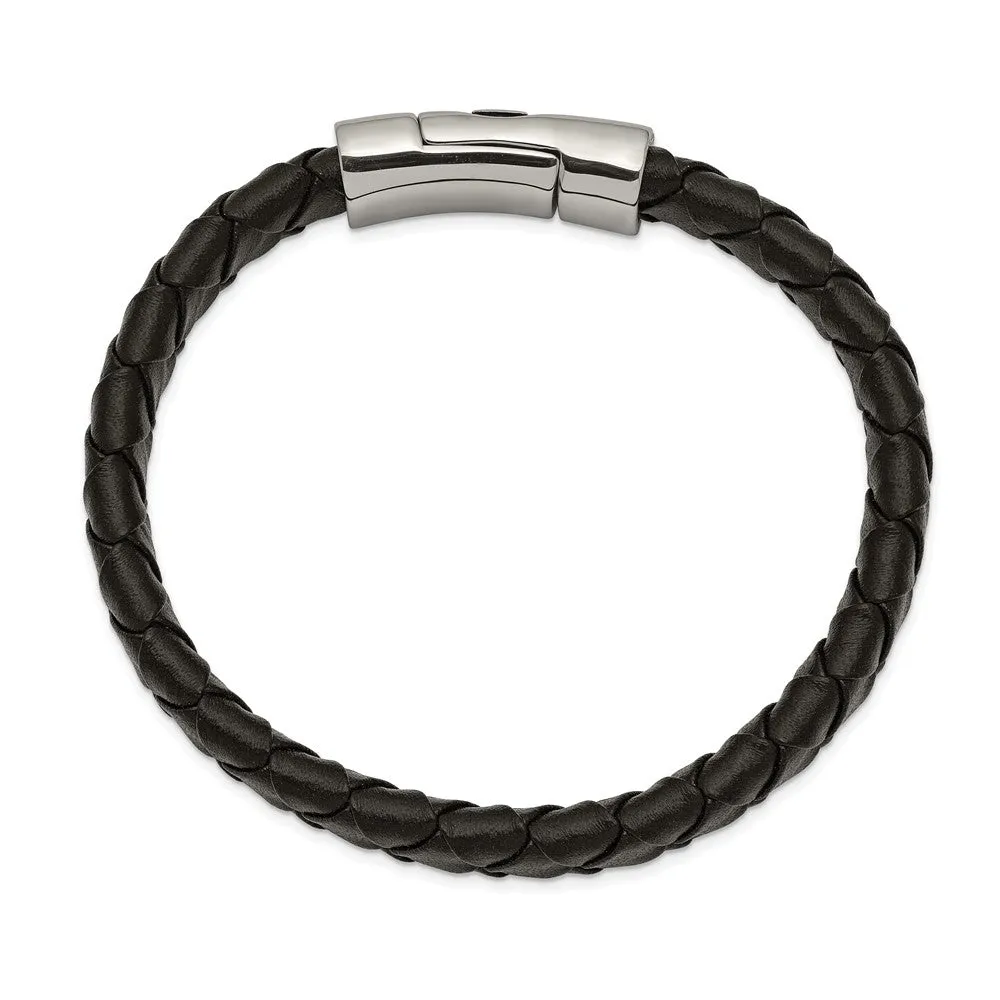 8.5 Inch Braided Black Leather & Stainless Steel Maltese Cross Bracelet;