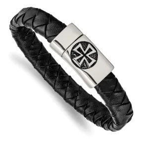 8.5 Inch Braided Black Leather & Stainless Steel Maltese Cross Bracelet;