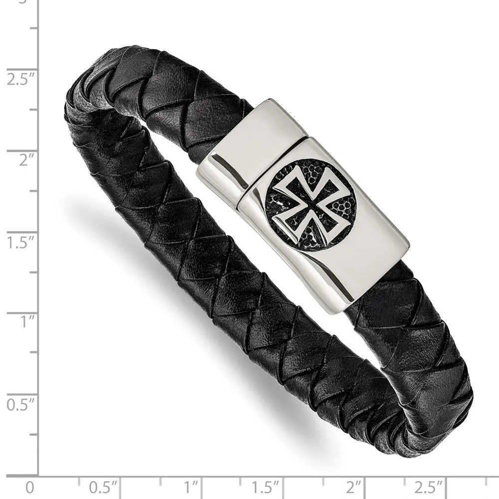 8.5 Inch Braided Black Leather & Stainless Steel Maltese Cross Bracelet;