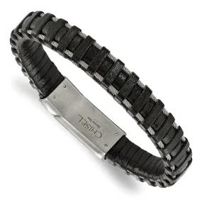 8.5 Inch Black Leather & Stainless Steel Brushed Cable Bracelet of 11.5mm;