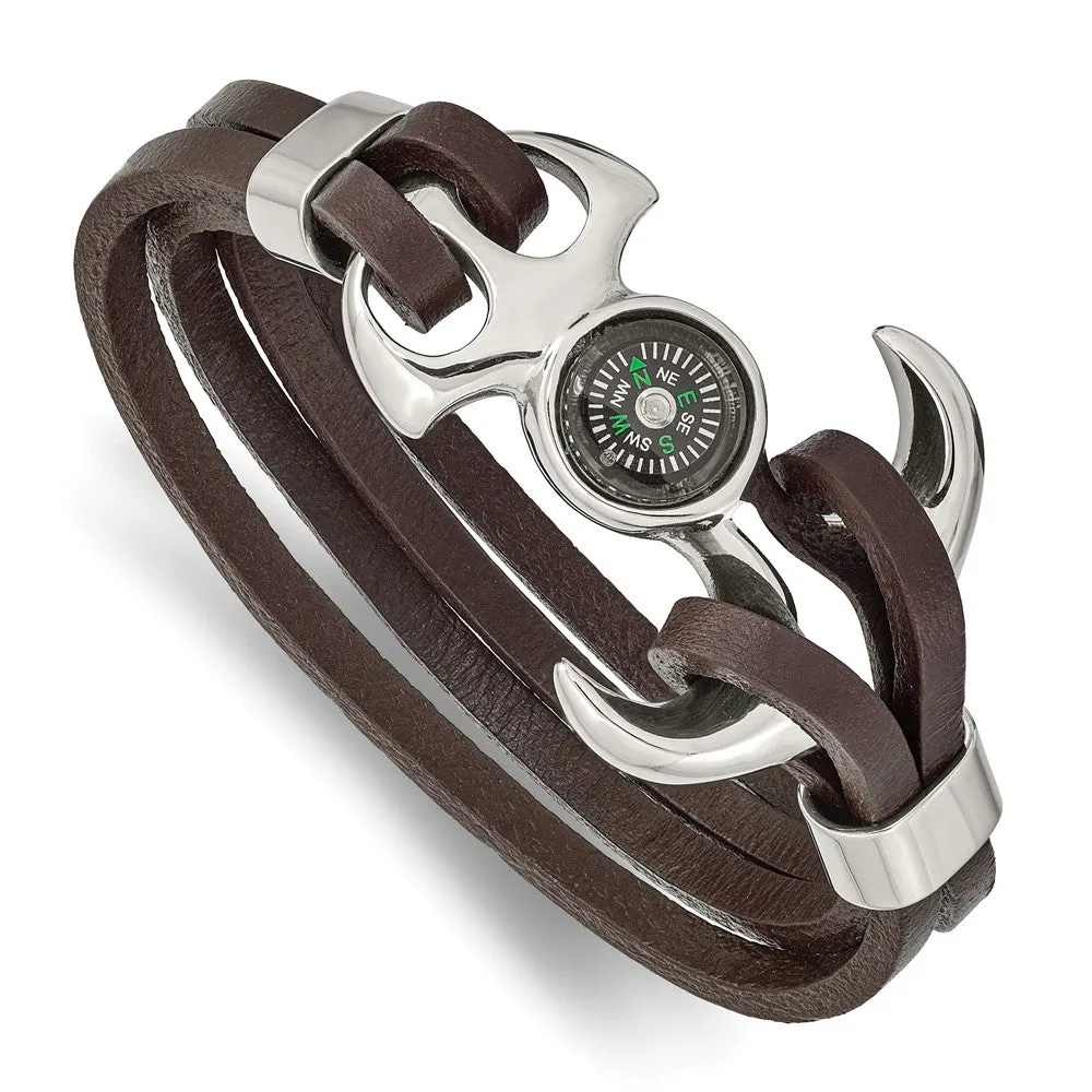 8.5 Inch Functional Brown Leather & Stainless Steel Compass Bracelet;