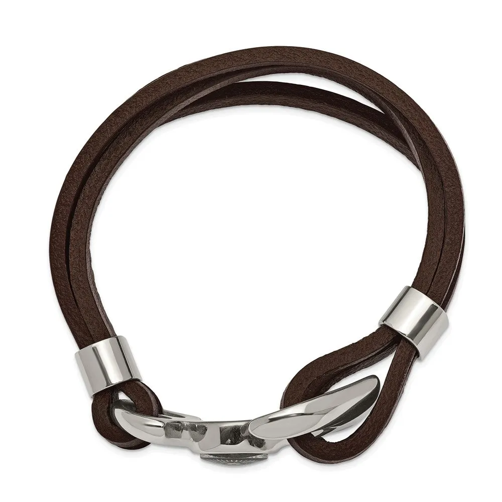 8.5 Inch Functional Brown Leather & Stainless Steel Compass Bracelet;