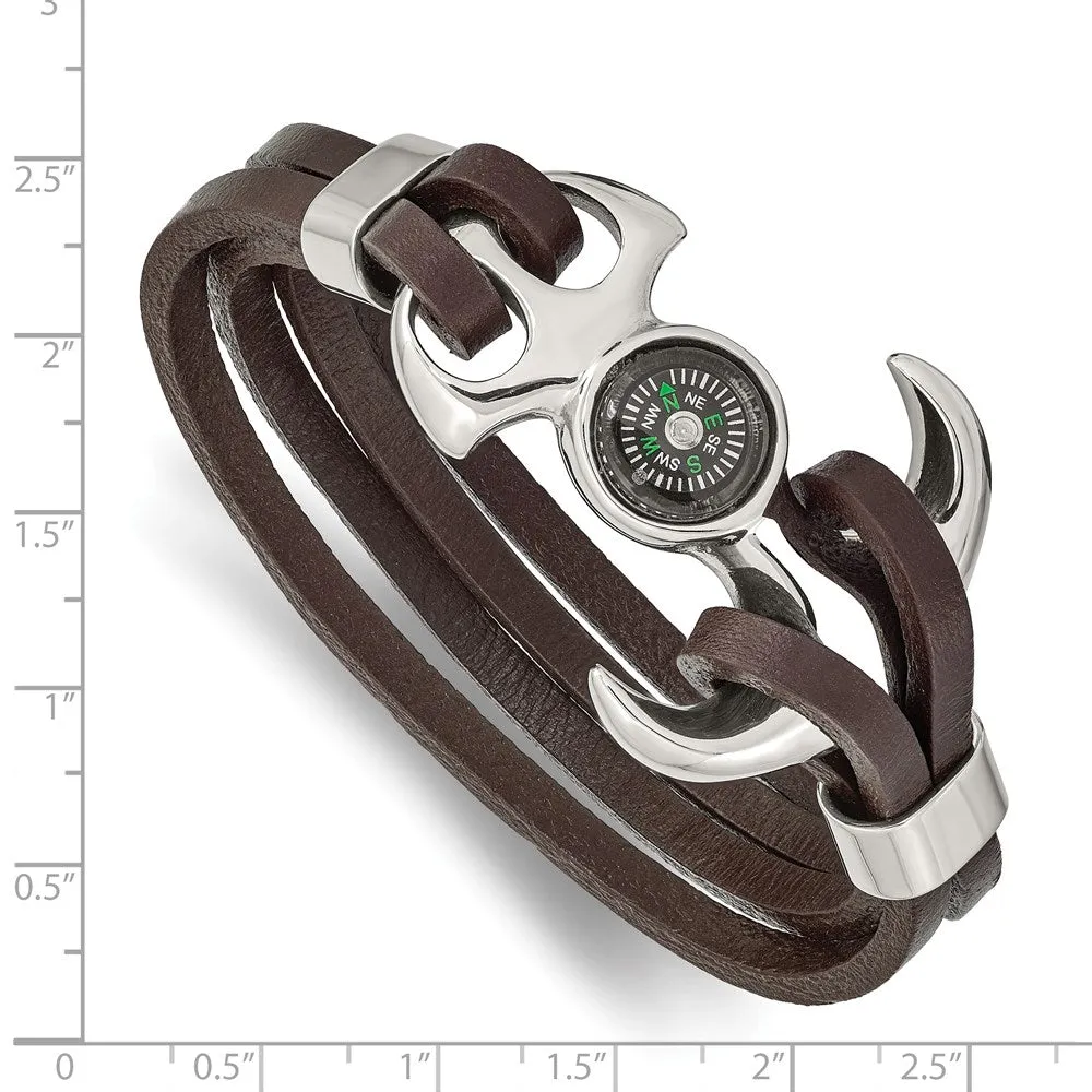 8.5 Inch Functional Brown Leather & Stainless Steel Compass Bracelet;