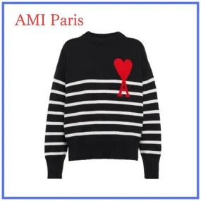 AMI PARIS  |Unisex Wool Rib Crew Neck Striped Heart