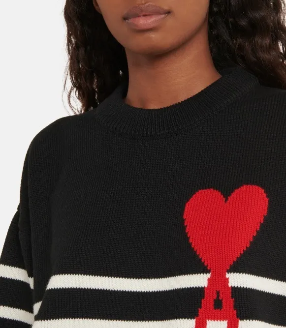 AMI PARIS  |Unisex Wool Rib Crew Neck Striped Heart