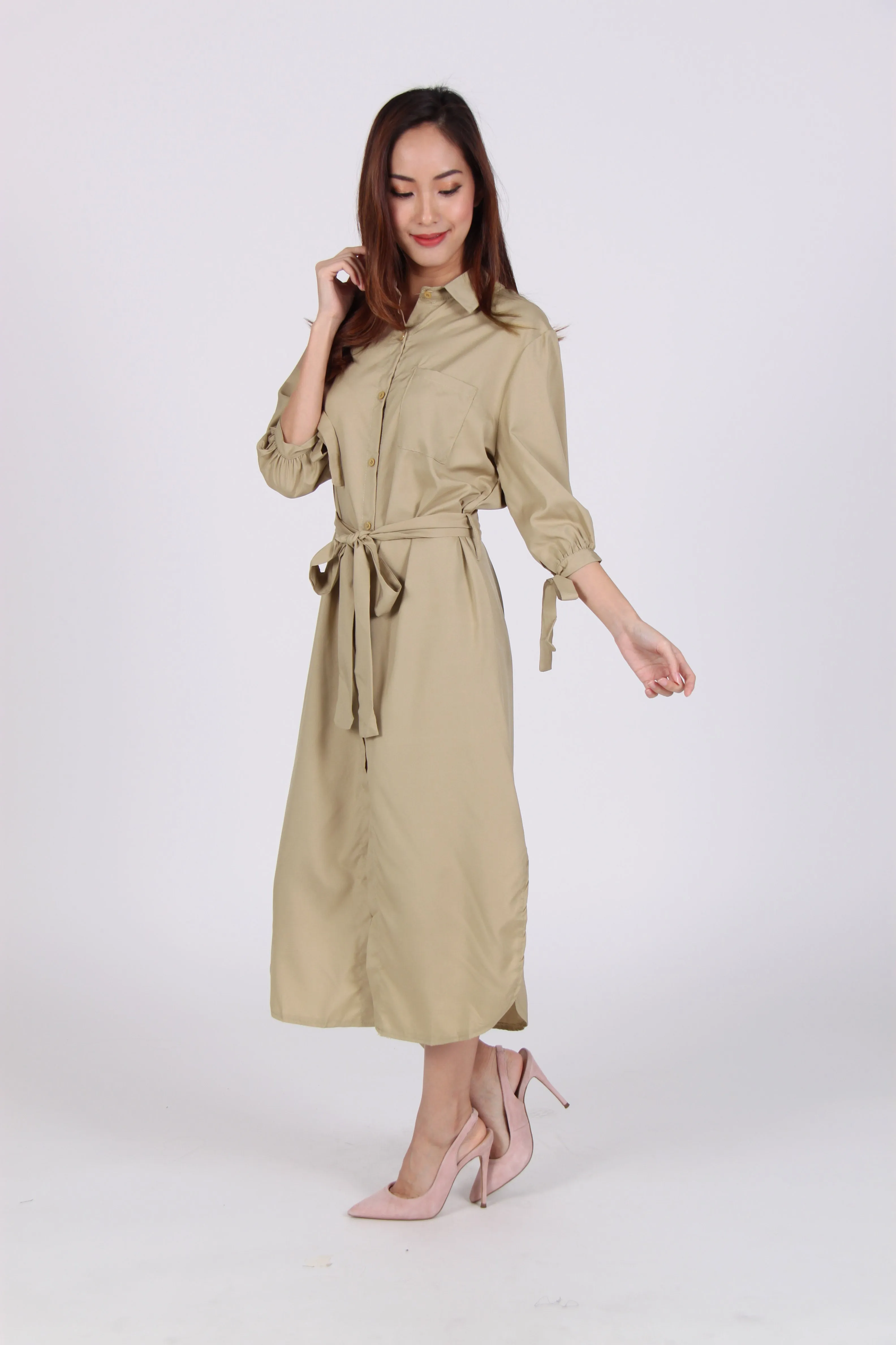 Beige Midi Shirt Dress with Pocket Sleeves and Tie