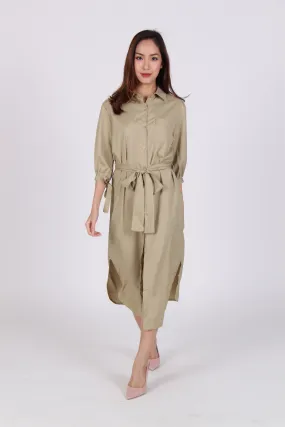 Beige Midi Shirt Dress with Pocket Sleeves and Tie