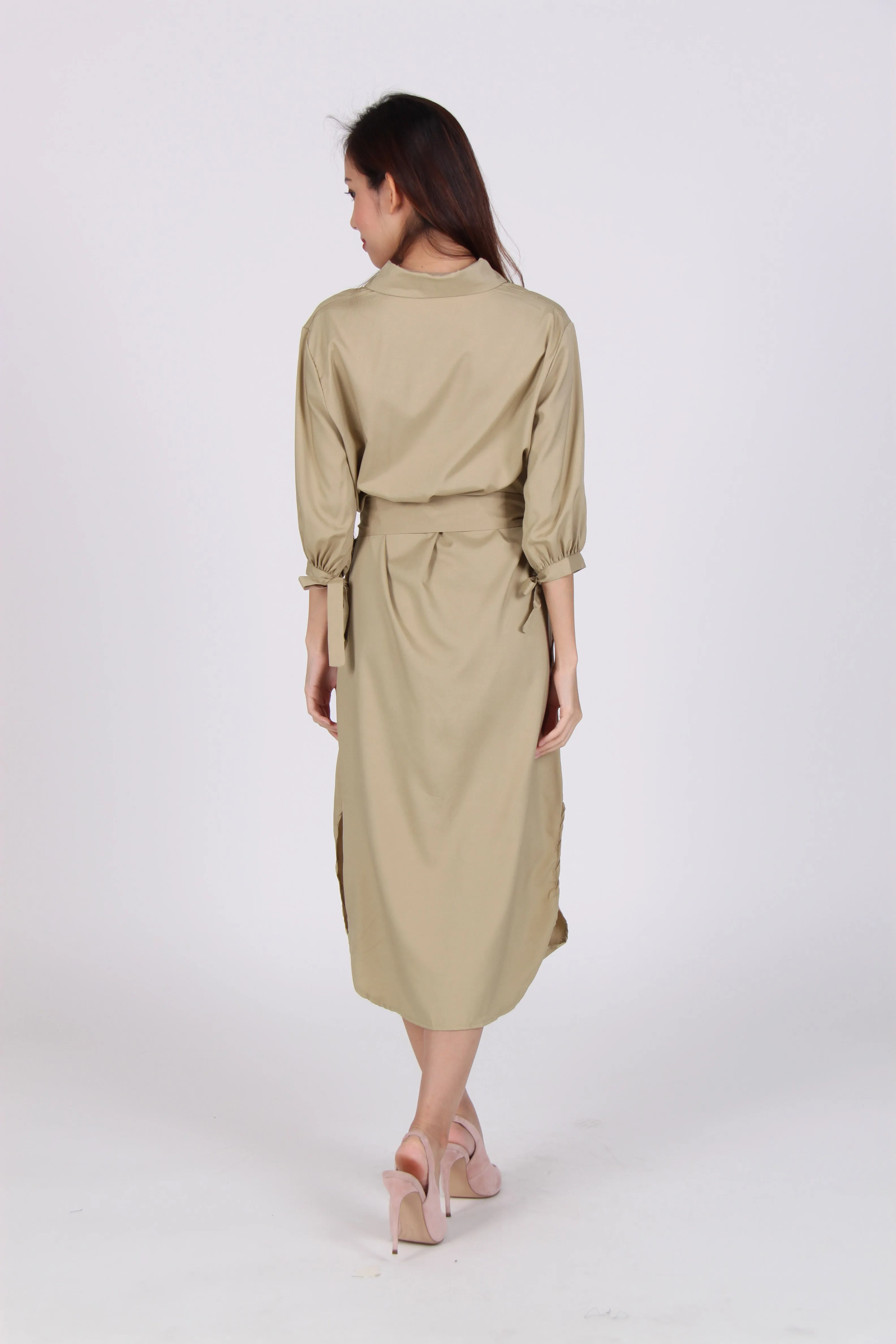 Beige Midi Shirt Dress with Pocket Sleeves and Tie