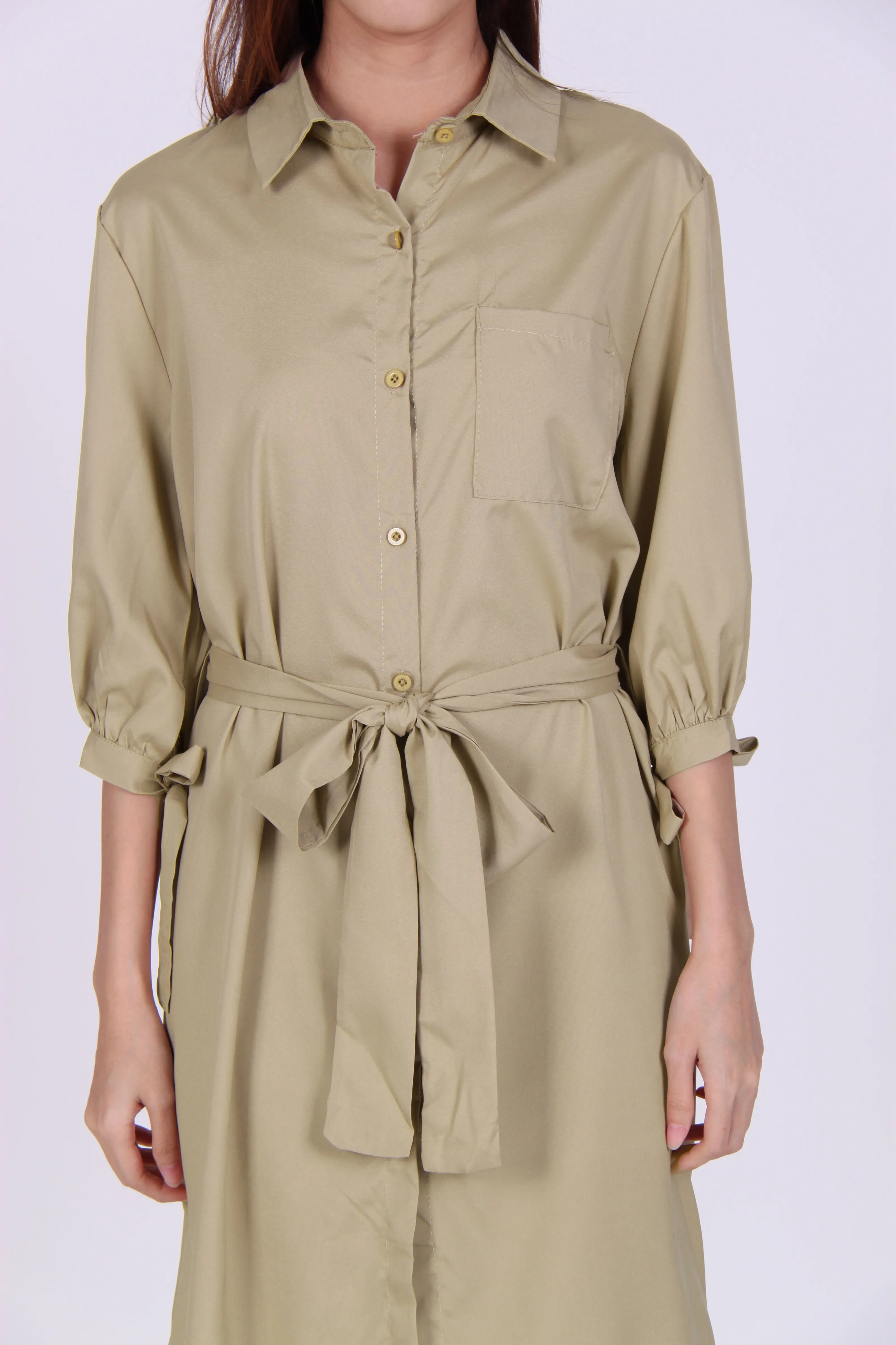 Beige Midi Shirt Dress with Pocket Sleeves and Tie