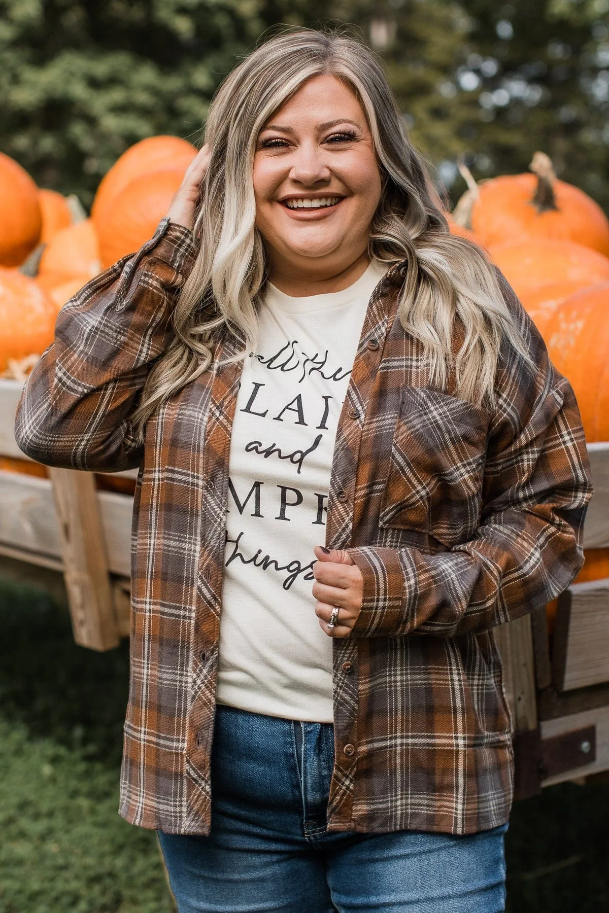 Brown & Charcoal Plaid Button Top