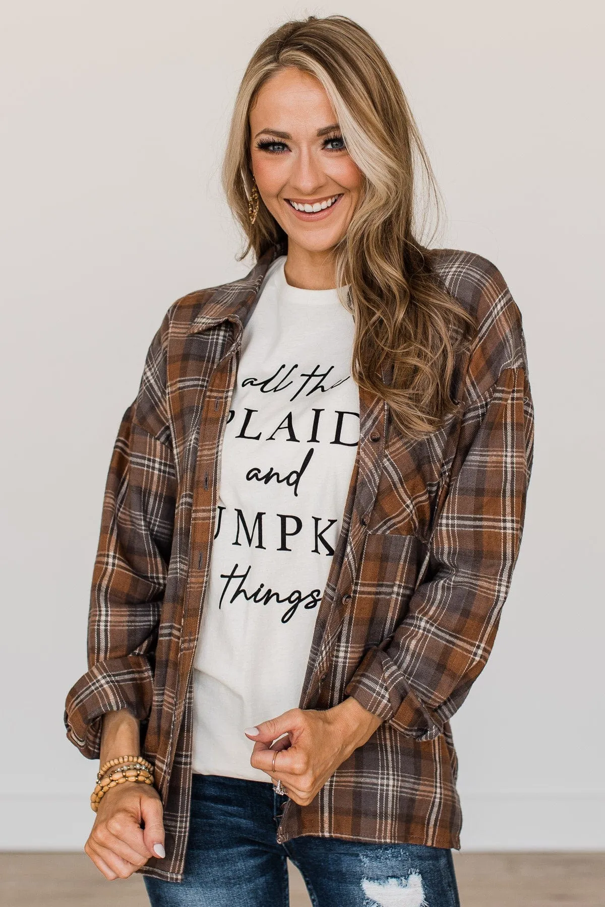 Brown & Charcoal Plaid Button Top