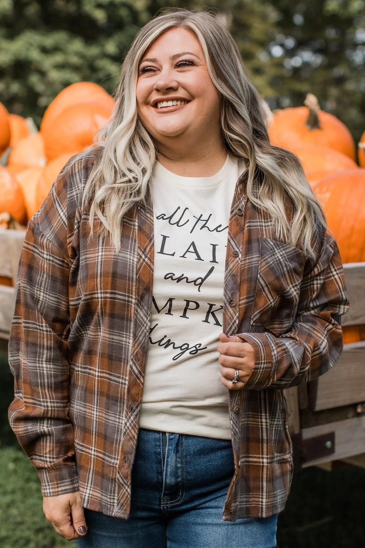 Brown & Charcoal Plaid Button Top