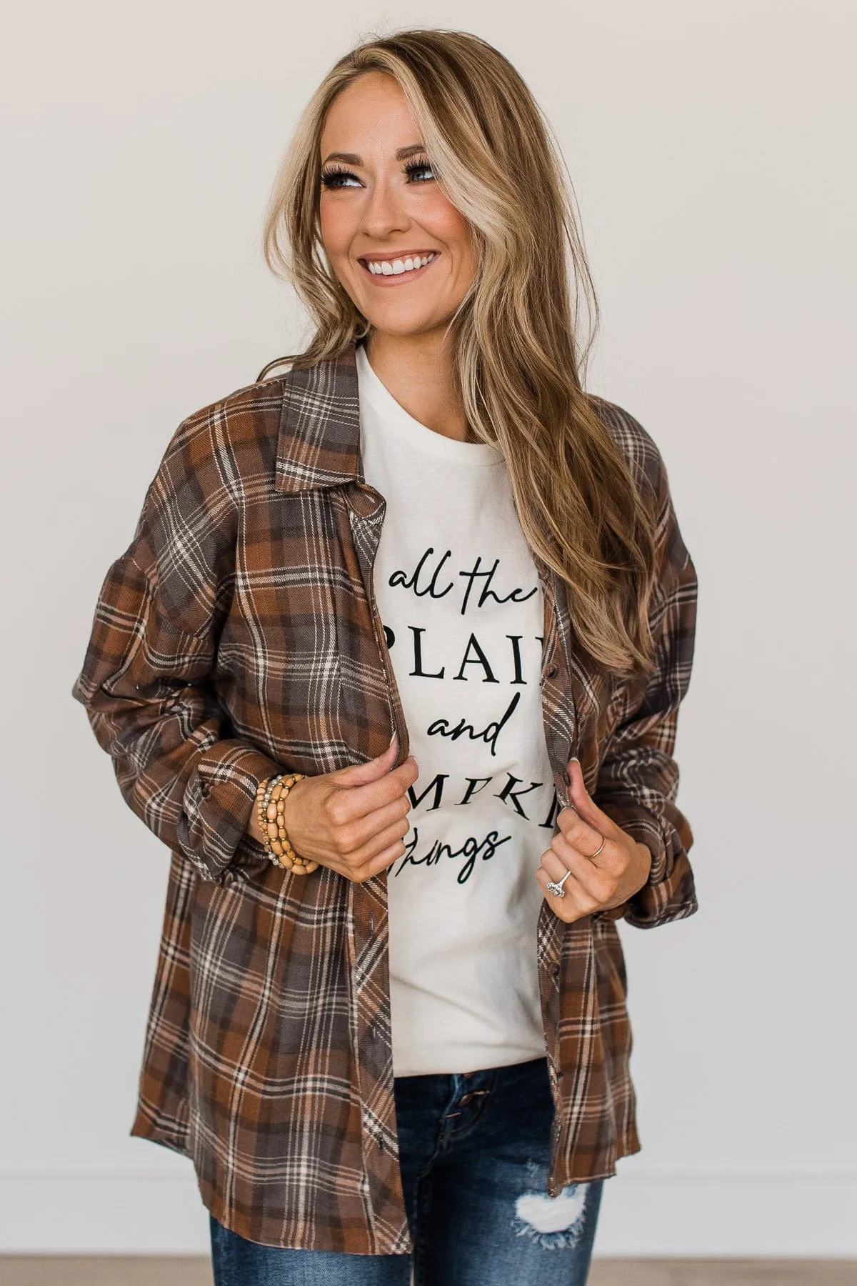 Brown & Charcoal Plaid Button Top