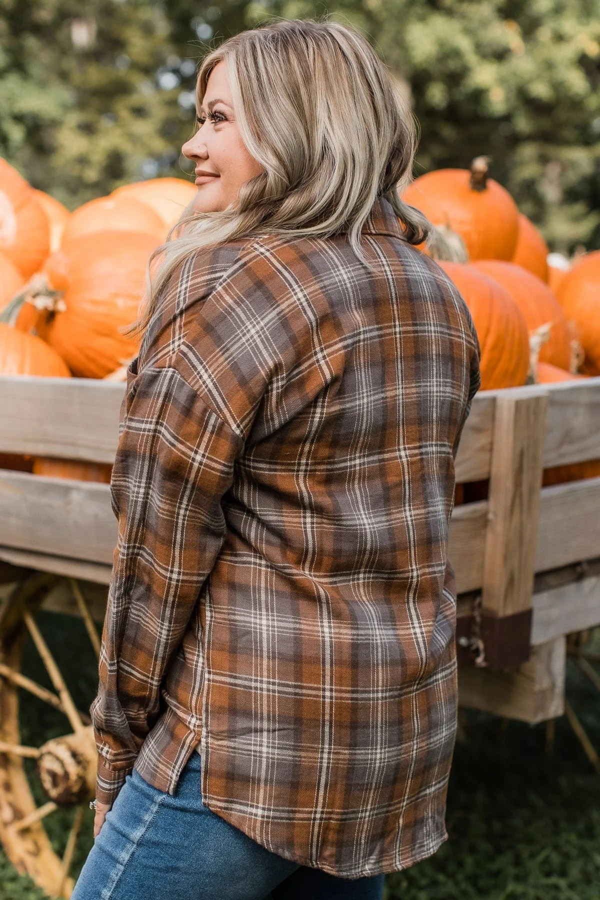 Brown & Charcoal Plaid Button Top