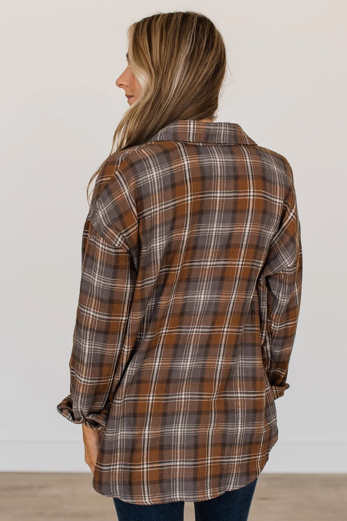 Brown & Charcoal Plaid Button Top