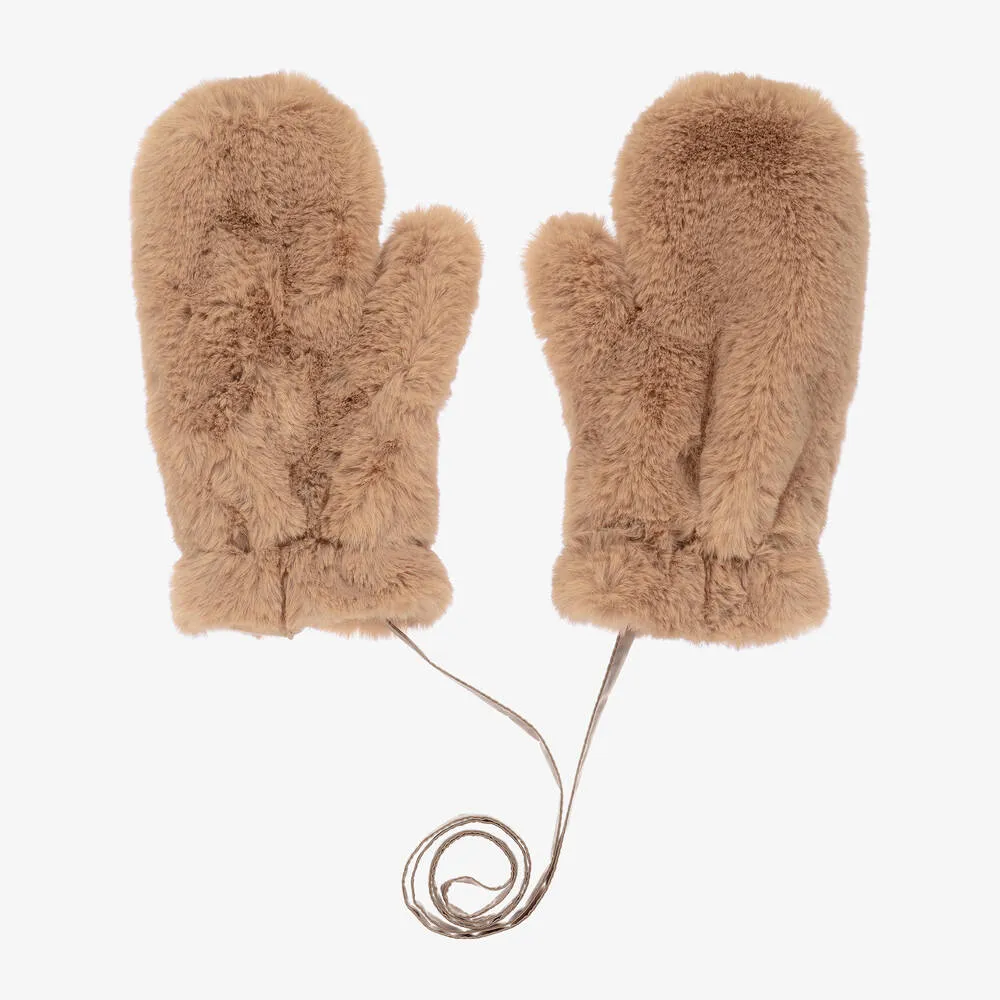 Beige Plush Faux Fur Mittens