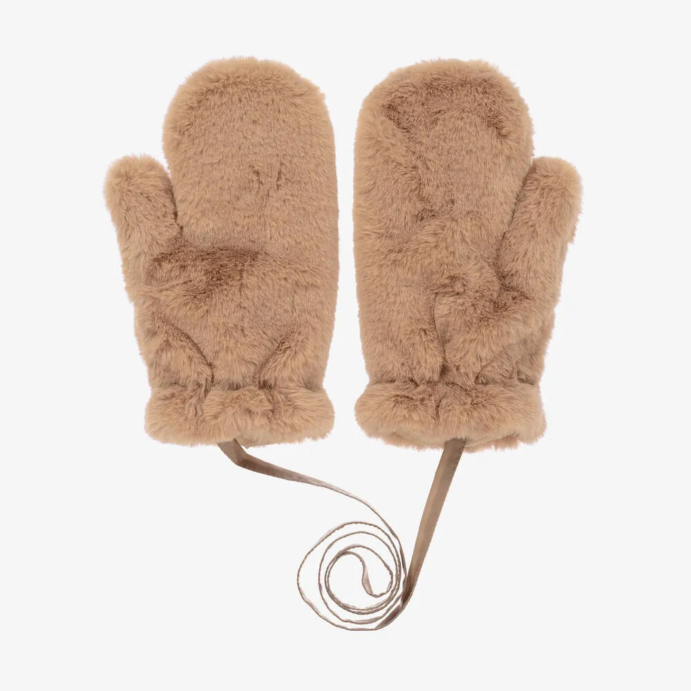 Beige Plush Faux Fur Mittens