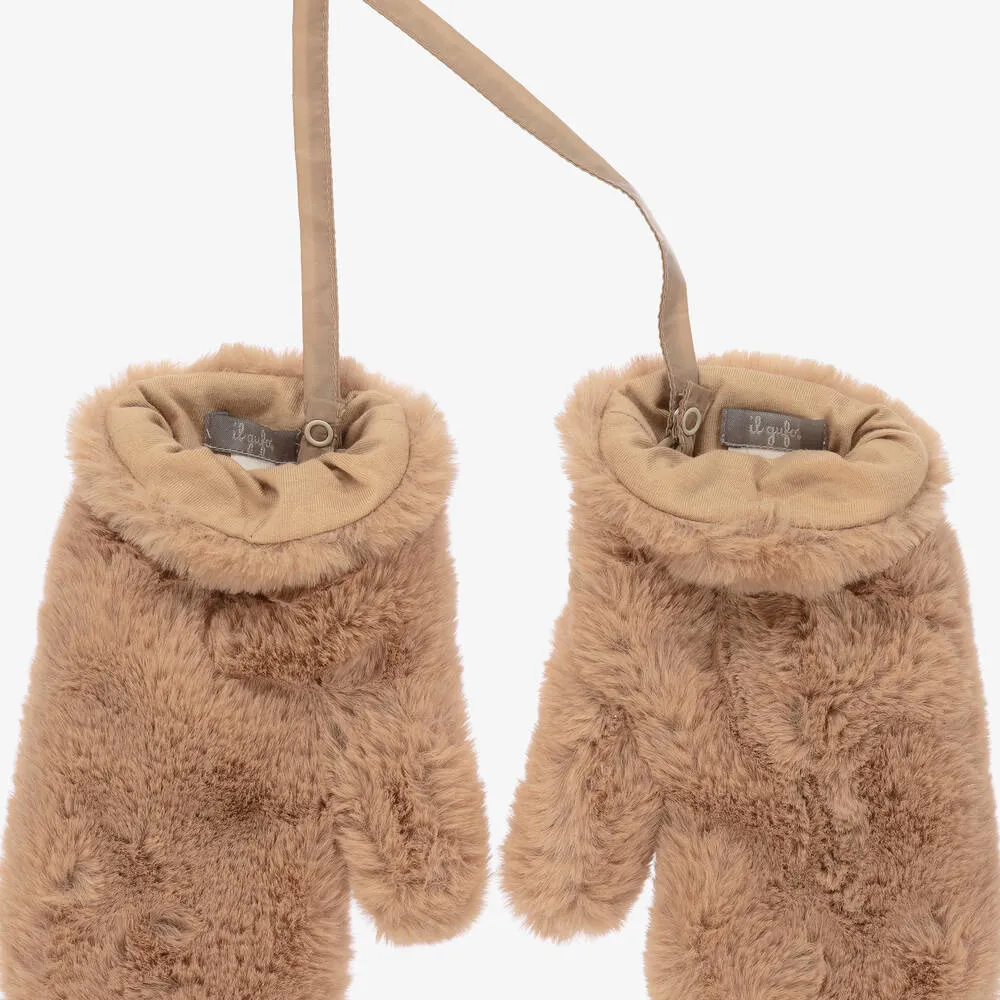 Beige Plush Faux Fur Mittens