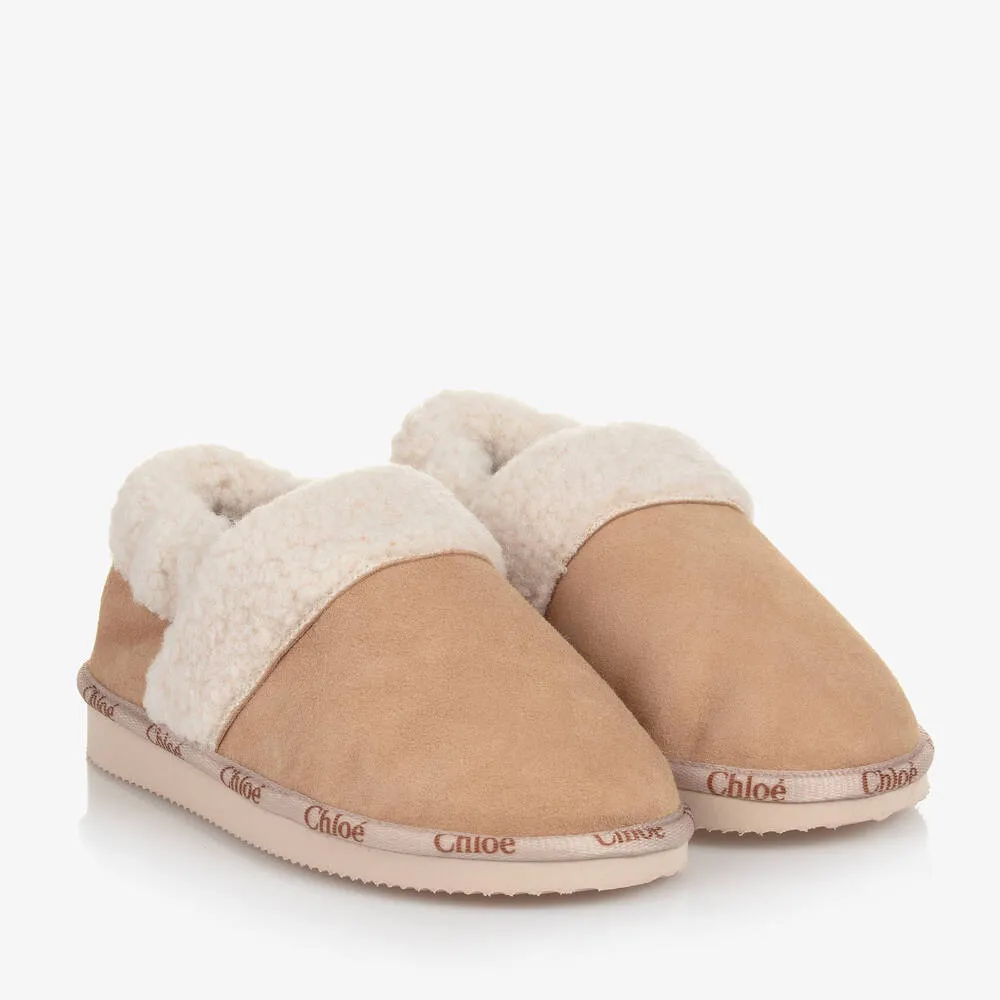 Beige Suede & Sherpa Slippers for Teen Girls