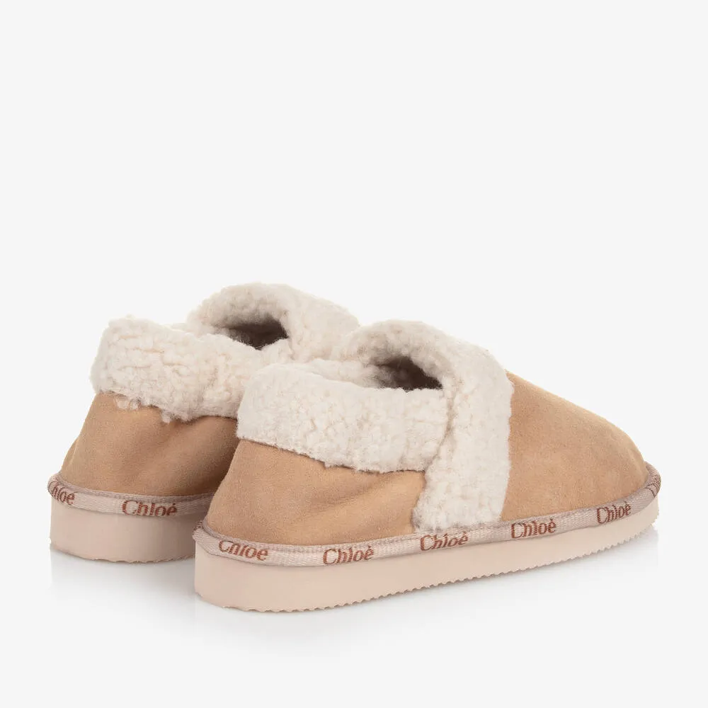 Beige Suede & Sherpa Slippers for Teen Girls