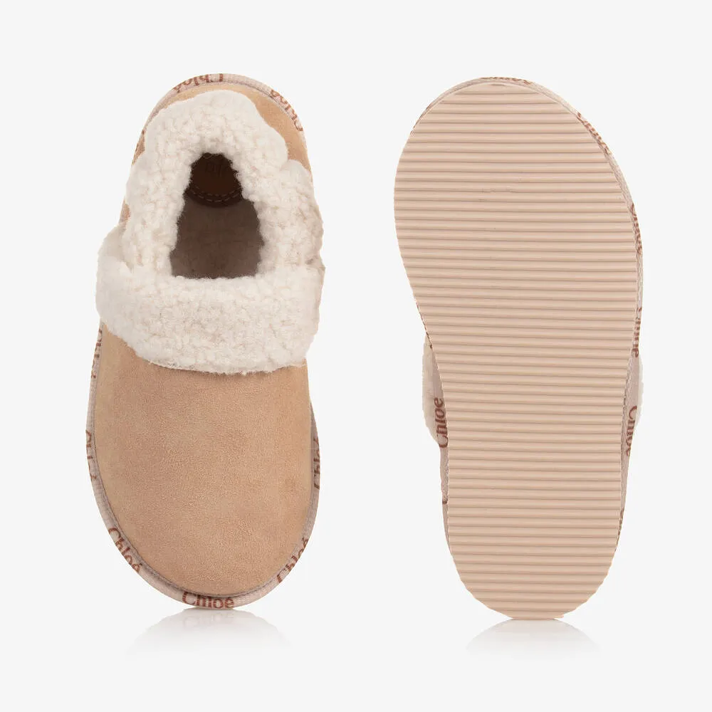 Beige Suede & Sherpa Slippers for Teen Girls