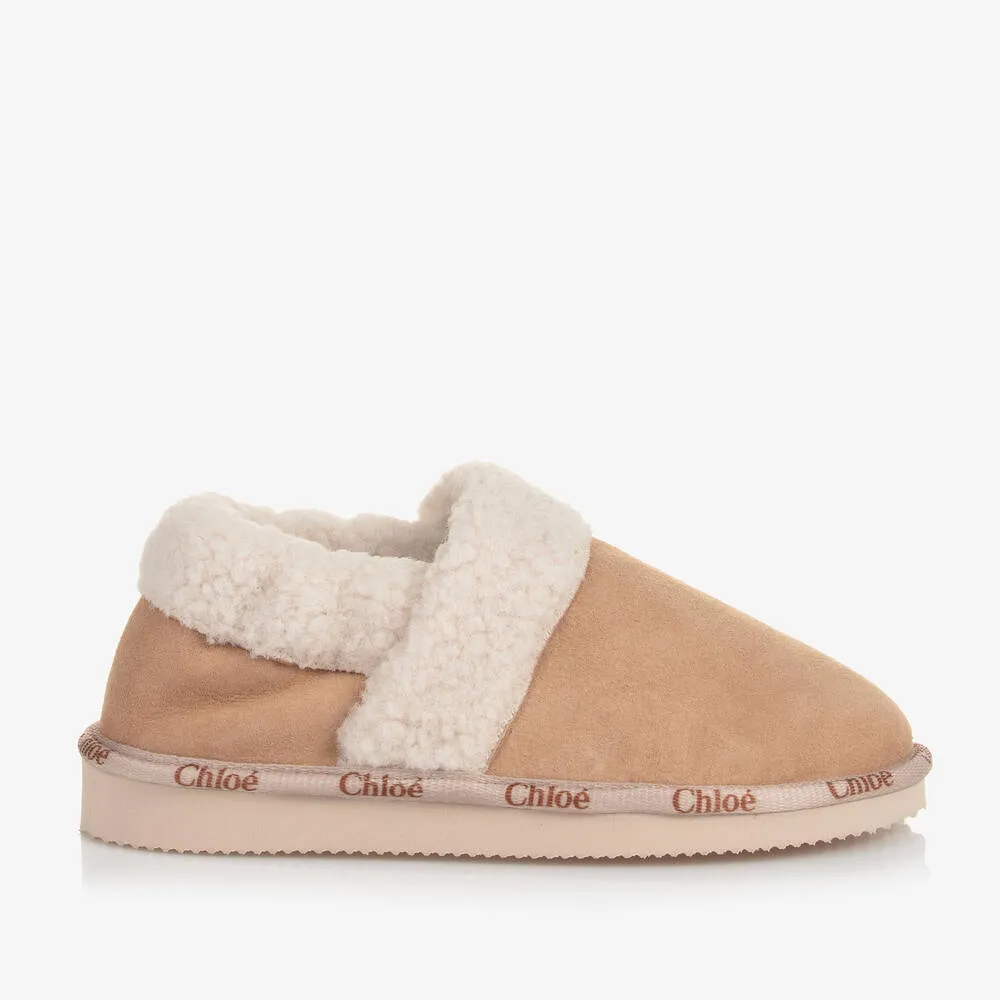 Beige Suede & Sherpa Slippers for Teen Girls