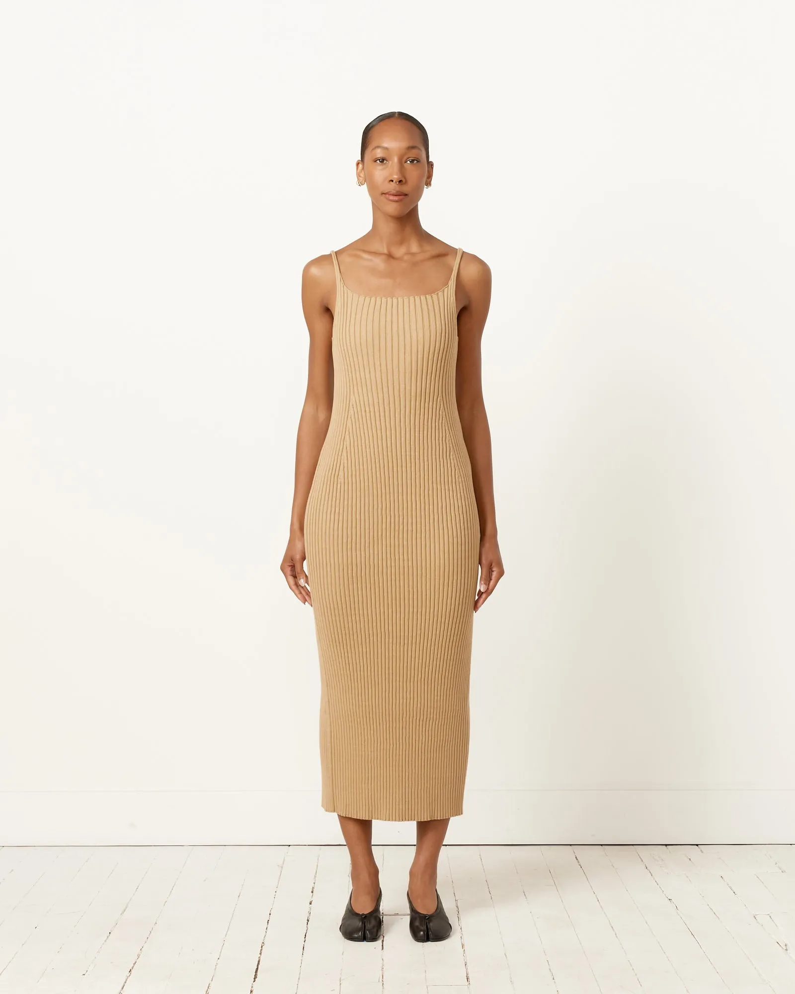 Beige Rib Knit Wide Dress