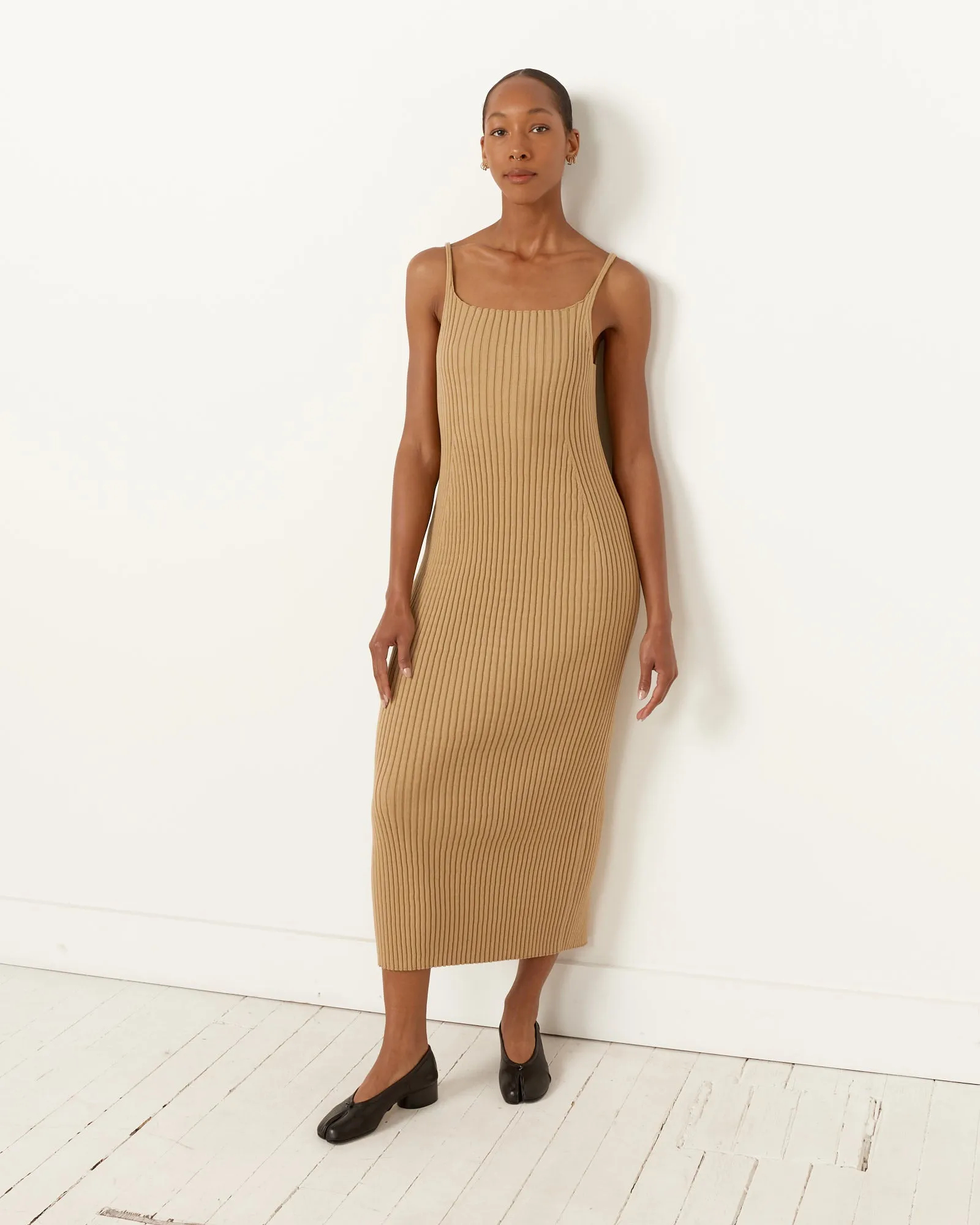 Beige Rib Knit Wide Dress