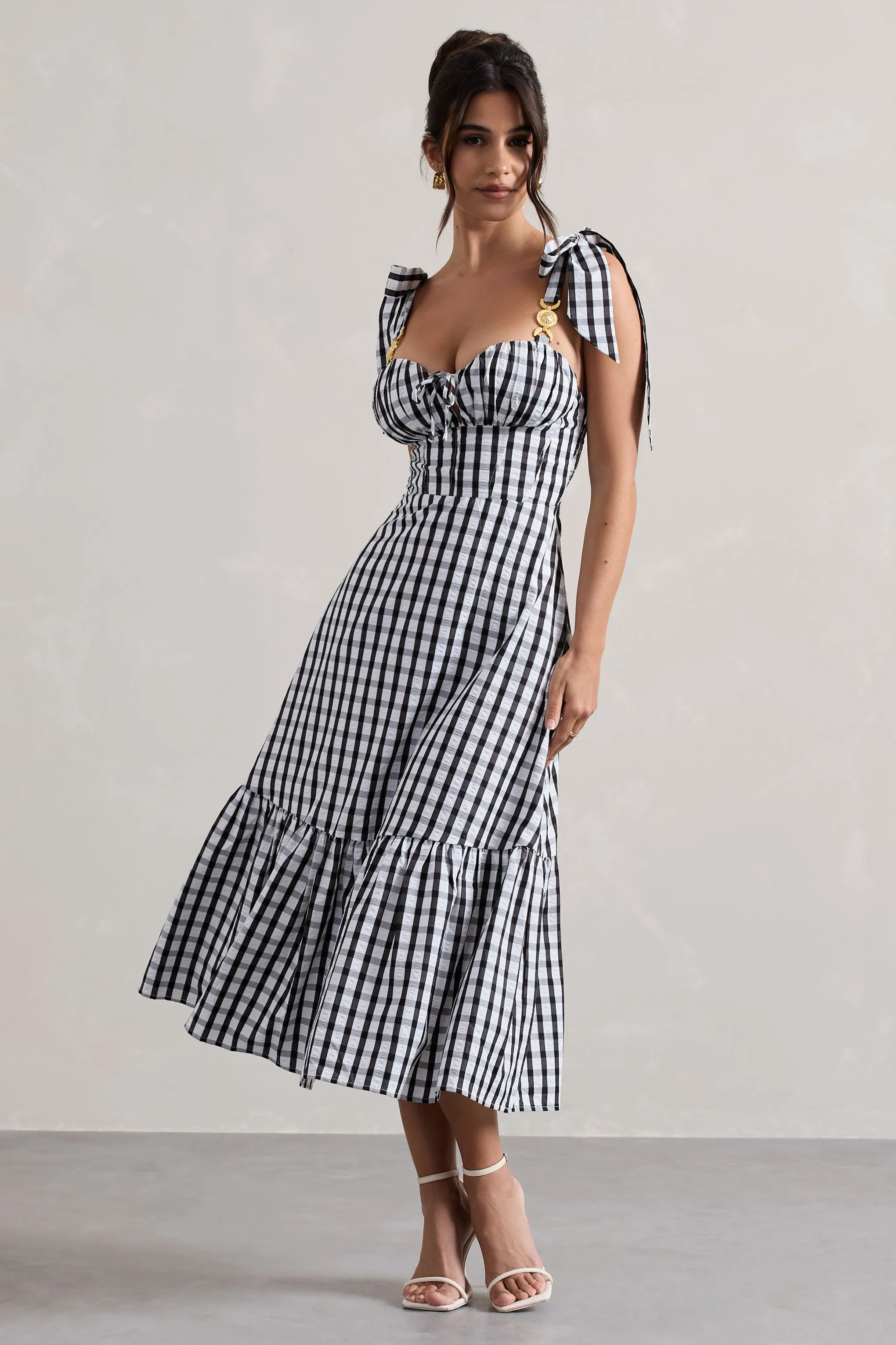 Black & White Gingham Sweetheart Midi Dress