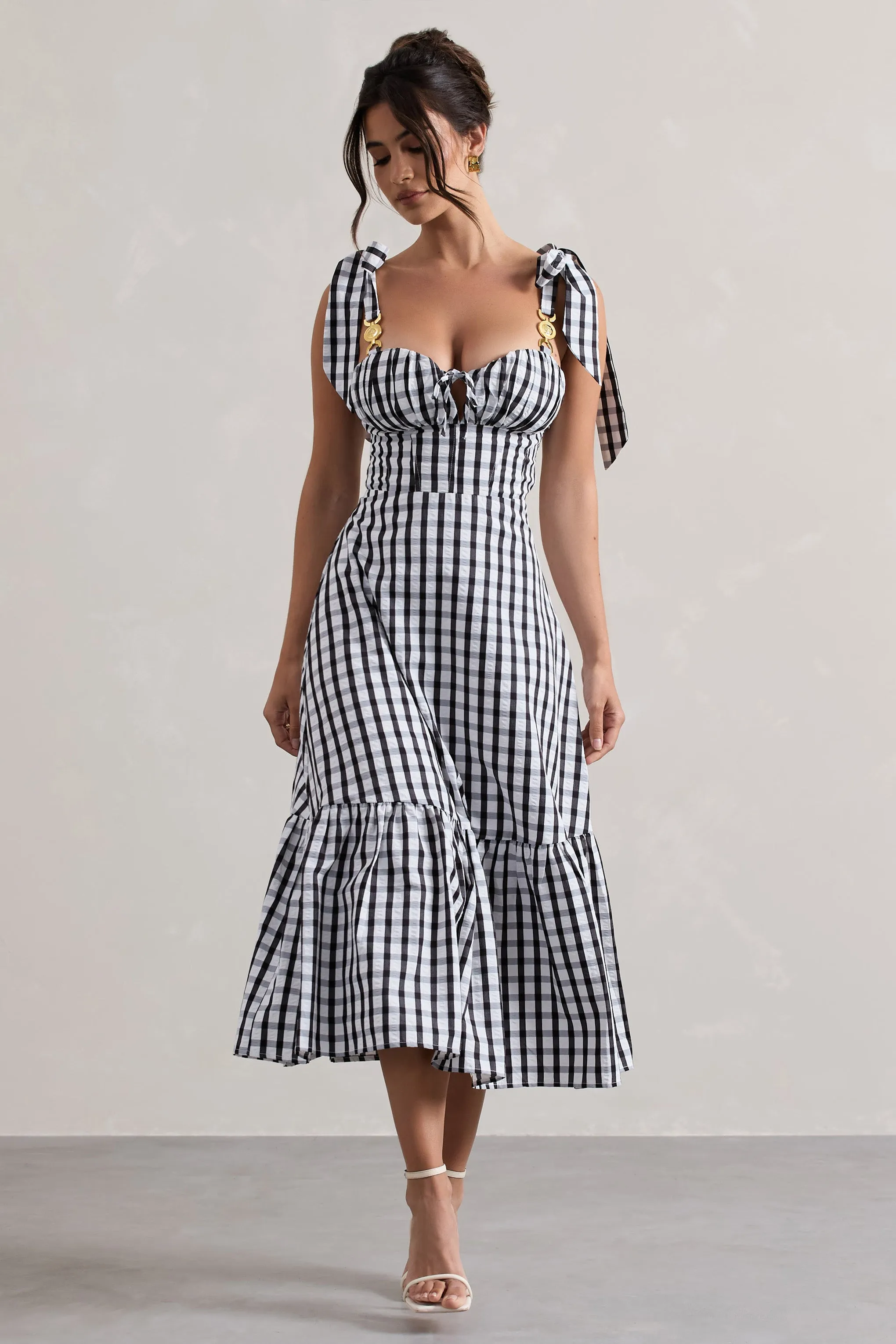 Black & White Gingham Sweetheart Midi Dress