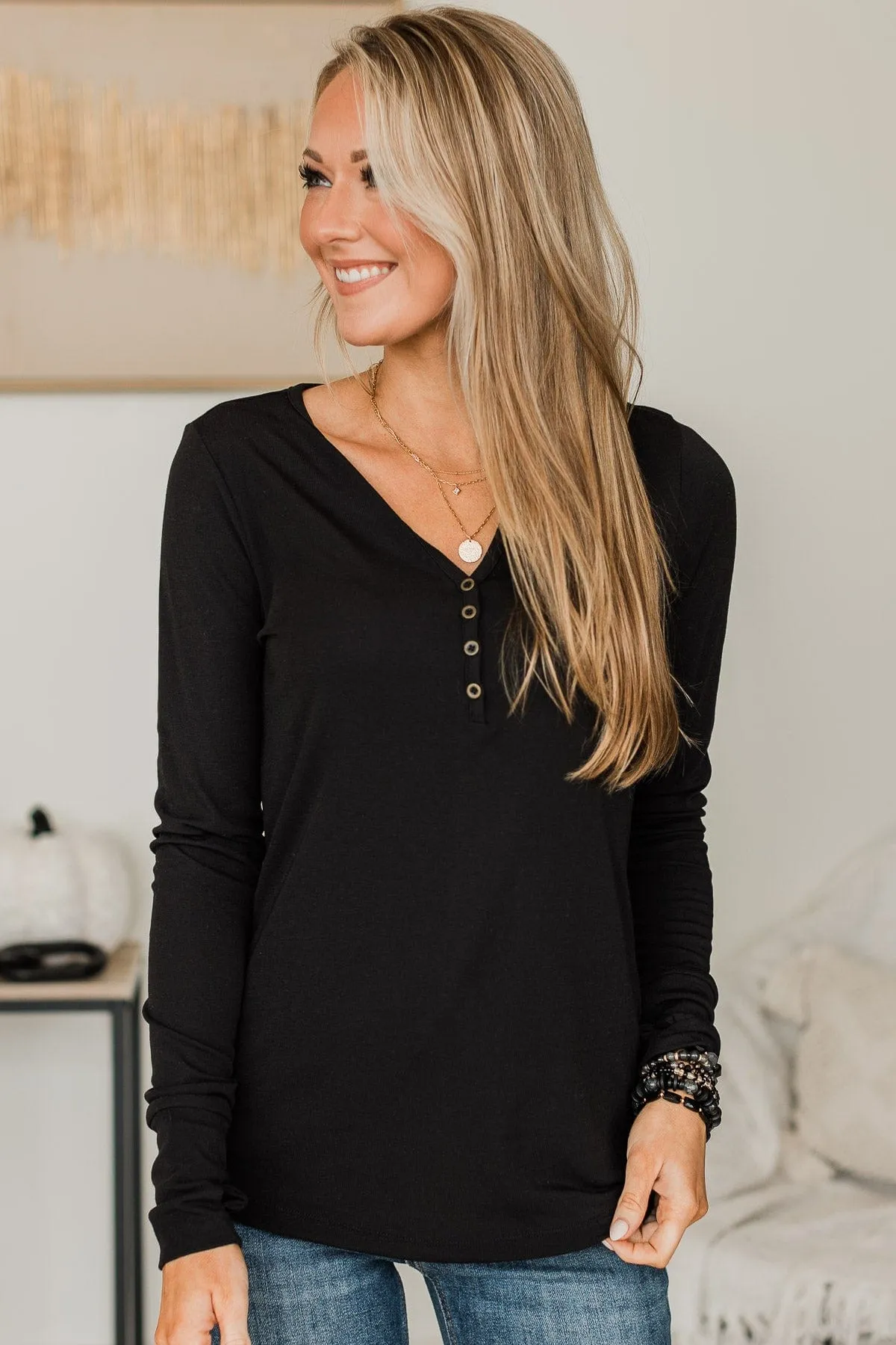 Black Knit Henley Top