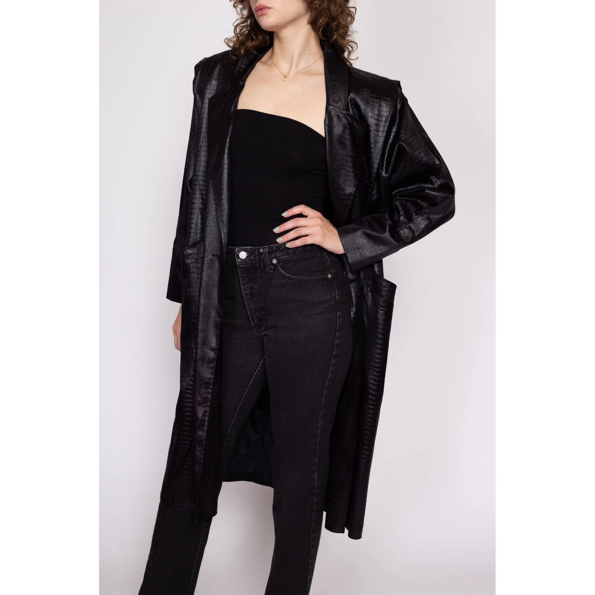 Black Faux Crocodile Trench Coat