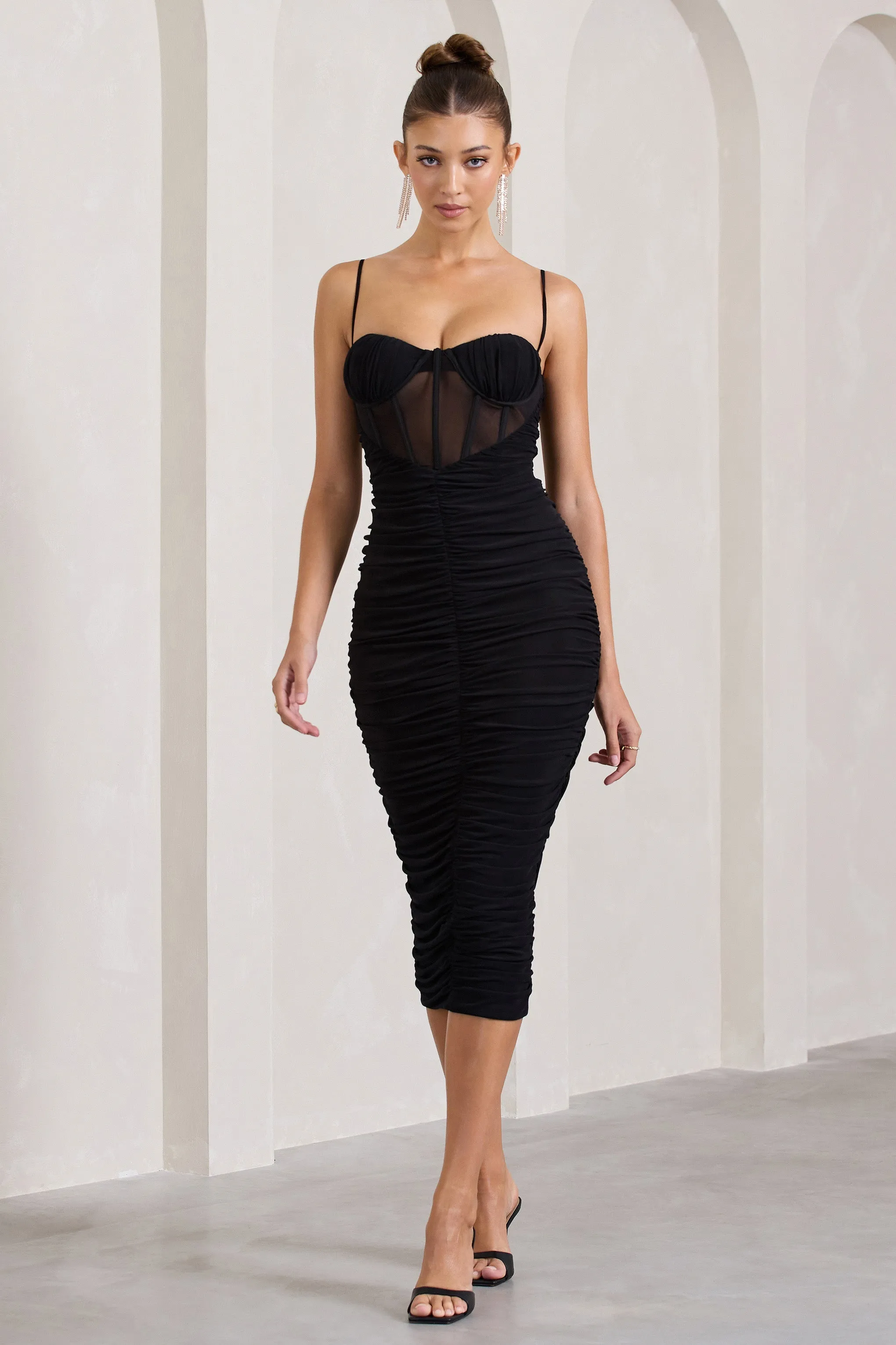 Black Ruched Corset Midi Dress