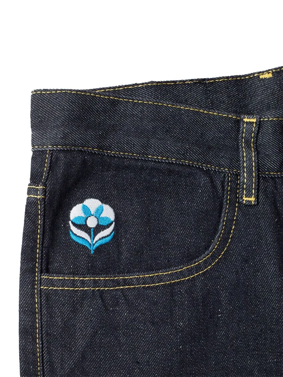 Black Denim Shorts with Blue Flower Prints