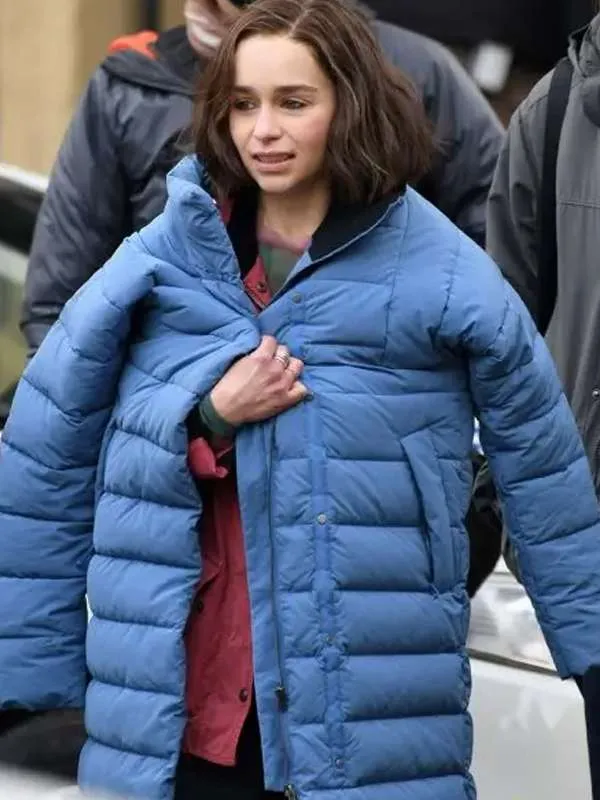 Emilia Clarke Blue Puffer Coat