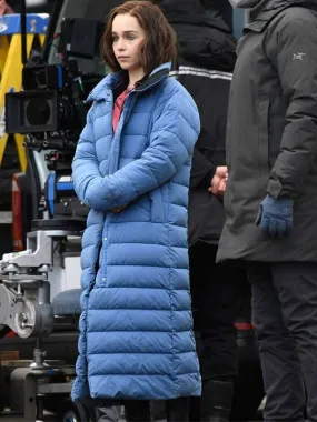 Emilia Clarke Blue Puffer Coat