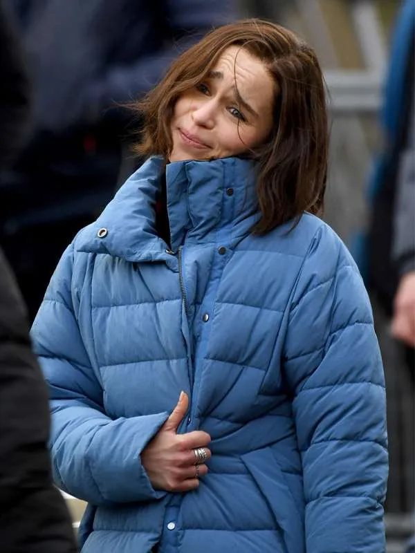 Emilia Clarke Blue Puffer Coat