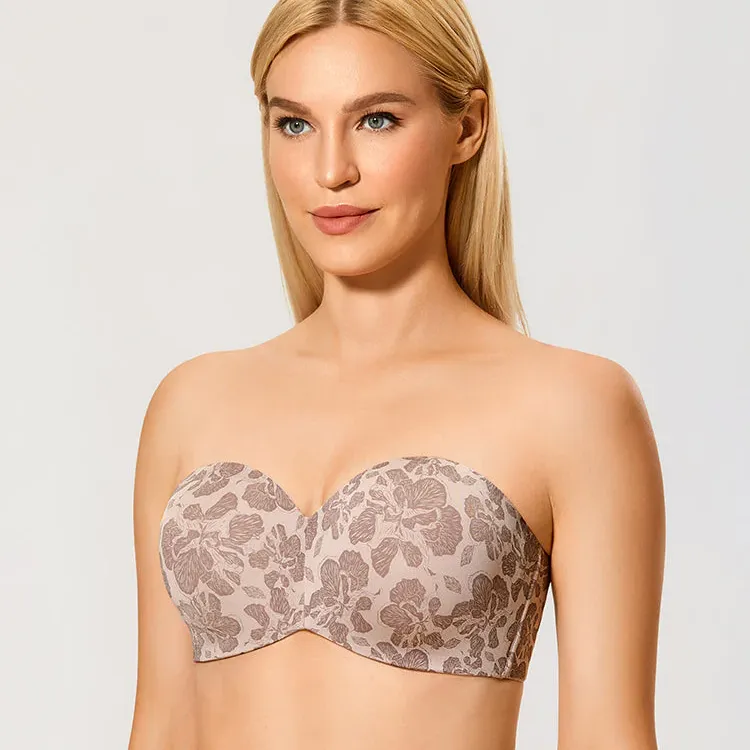 Women's Non-Padded Brown Hibiscus Floral Strapless Underwire Bra