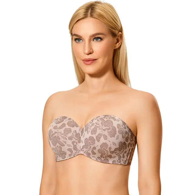 Women's Non-Padded Brown Hibiscus Floral Strapless Underwire Bra