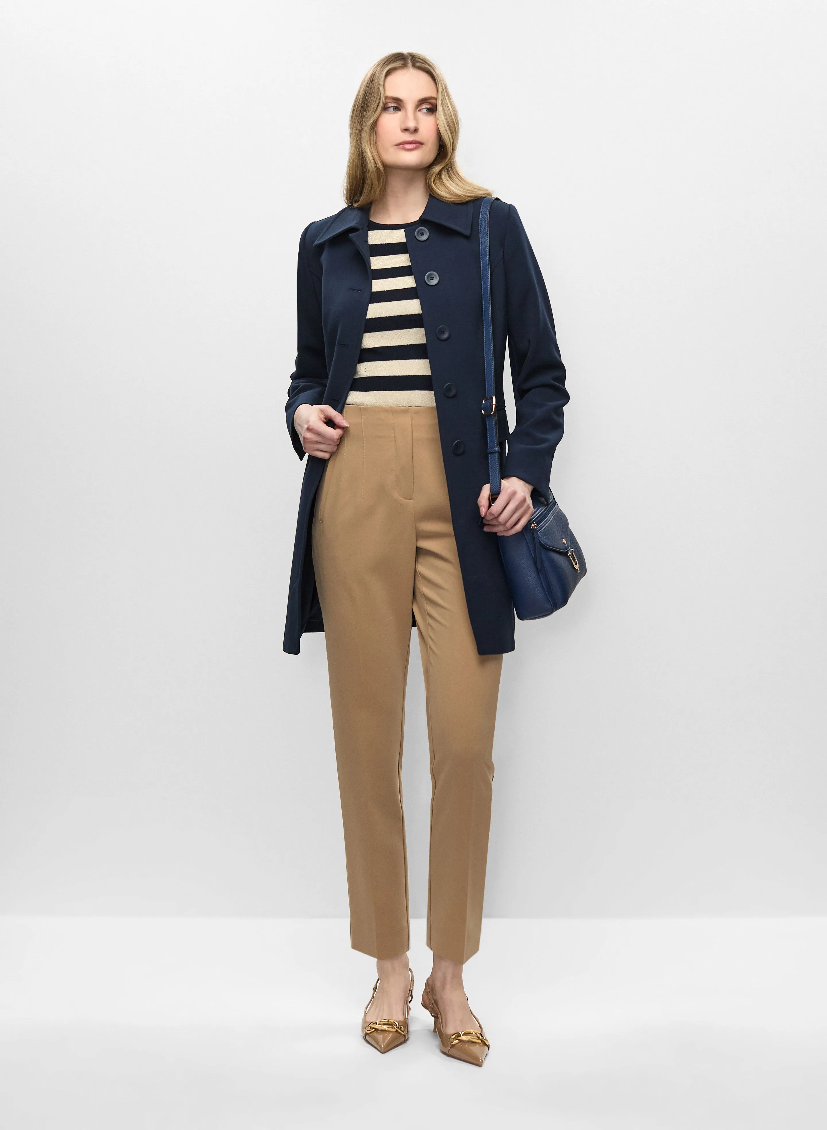 Button Detail Trench Coat Pants Slim Leg