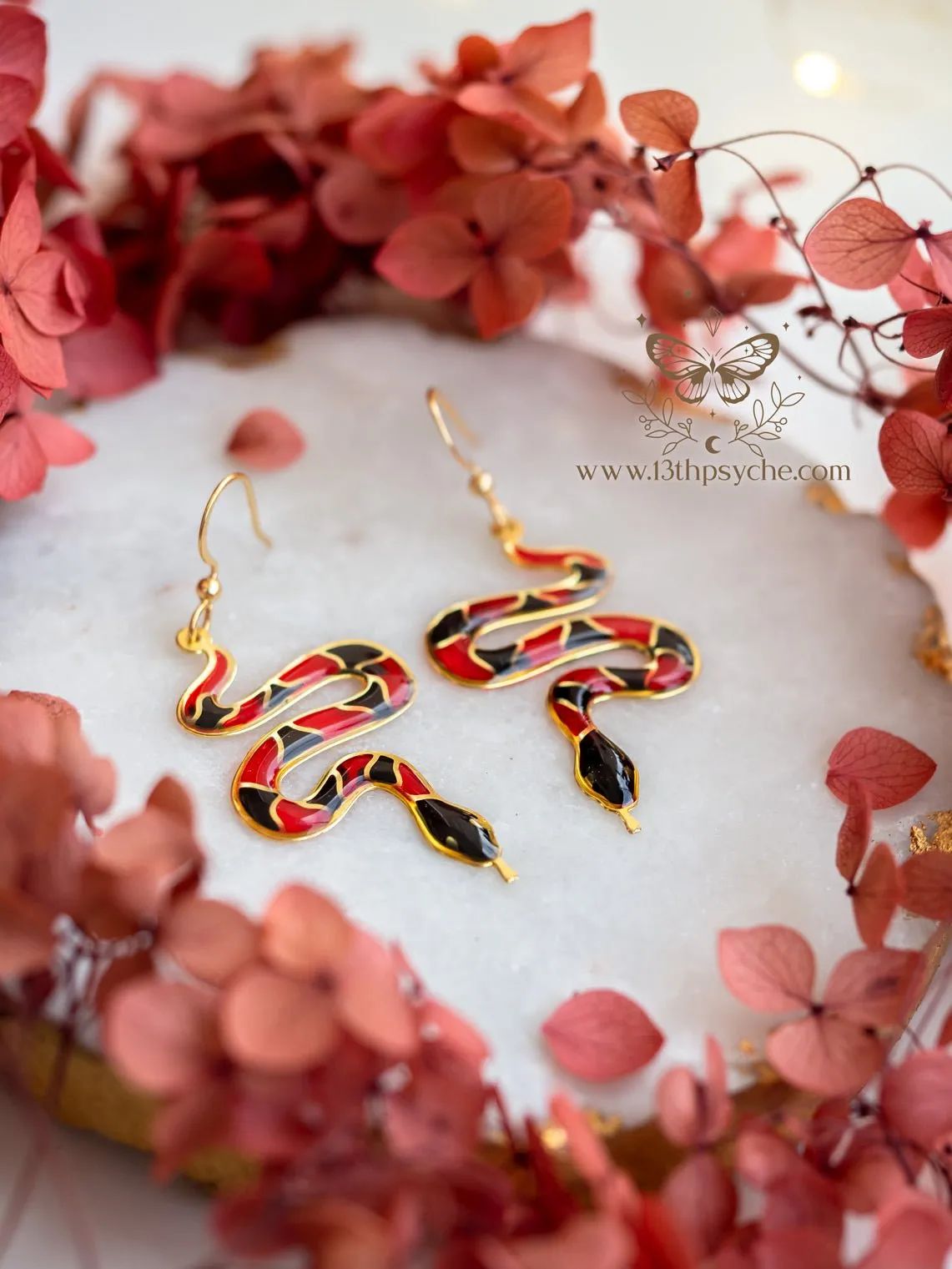 Handmade Earrings with Coral Snake Design