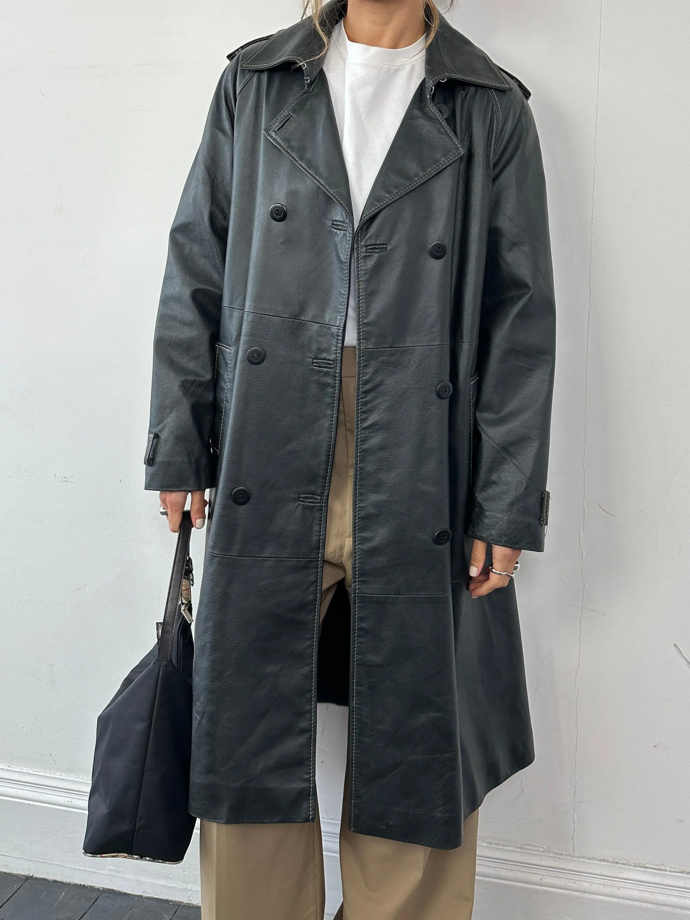 Conbipel Double Breasted Leather Trench Coat M Contrast Stitch