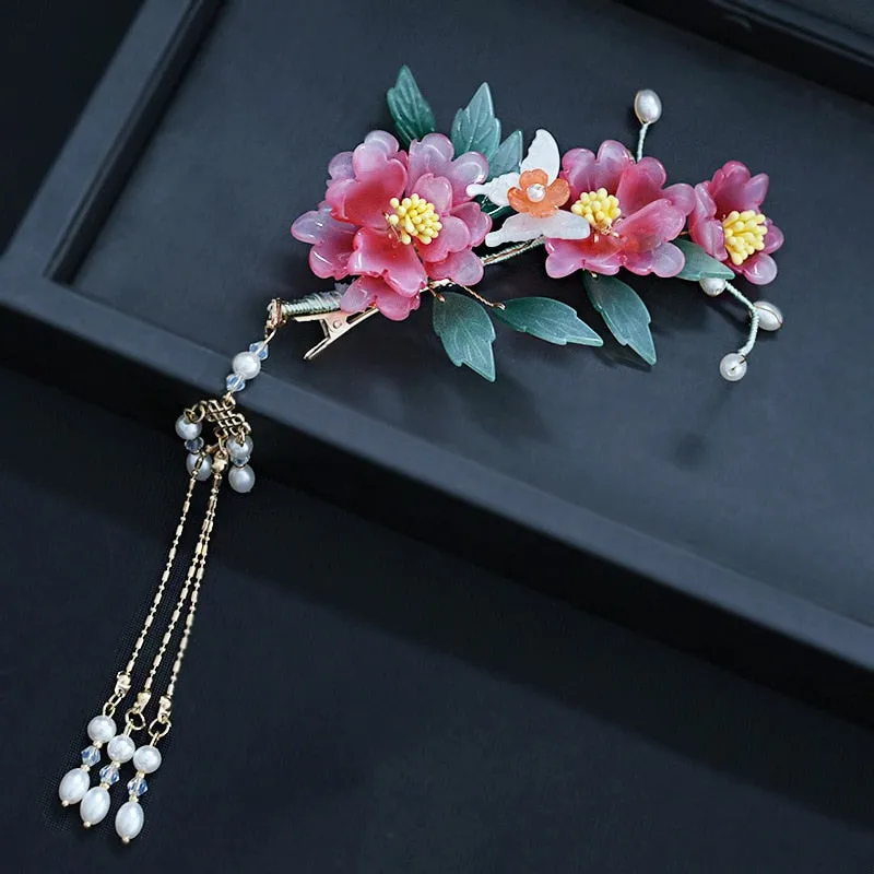 Coral Pink Floral Pearl Jade Tassel Hair Clip